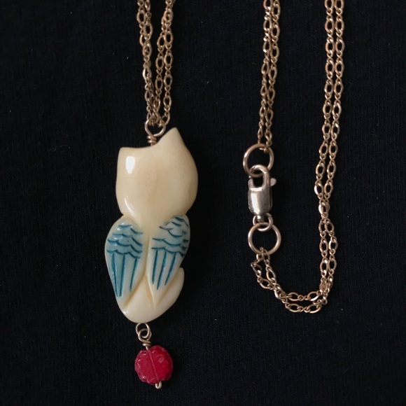 Hand Carved Bone Owl Pendant Necklace - Picture 2 of 5